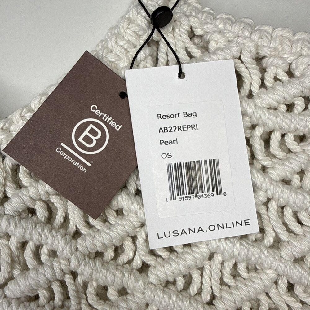 Lusana Resort Boho Fringe Crochet Bag Pearl Ivory Open Weave Unlined NWT - Picture 4 of 6